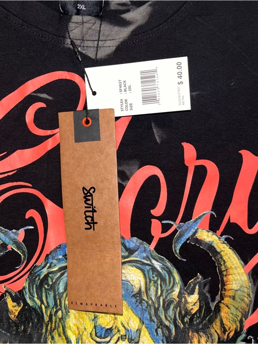 Switch Graphic Black Tee with Red Script and Multicolor Print